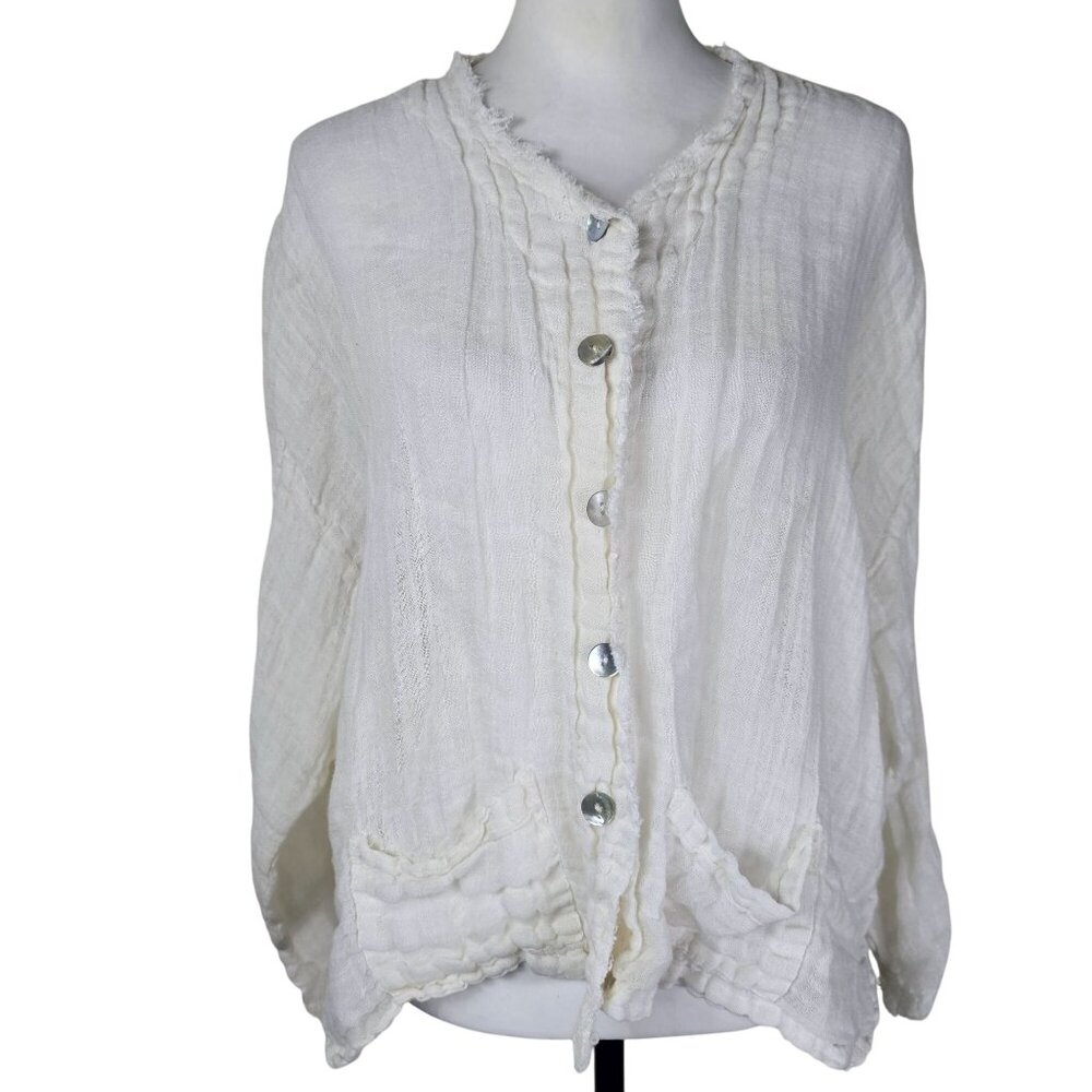 La Fixsun Linen Gauze Button-Up Top M White‎ Boxy Raw Hem Coastal Lightweight